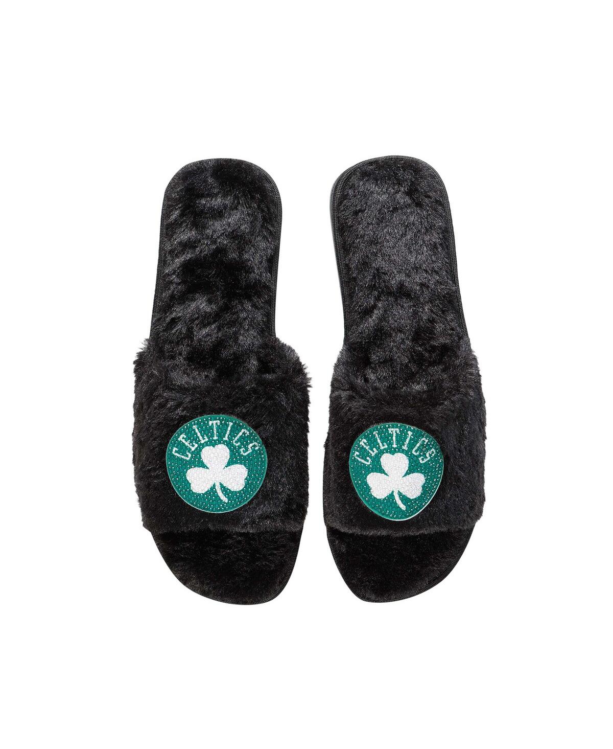 Women's Foco Black Boston Celtics Rhinestone Fuzzy Slippers - Black