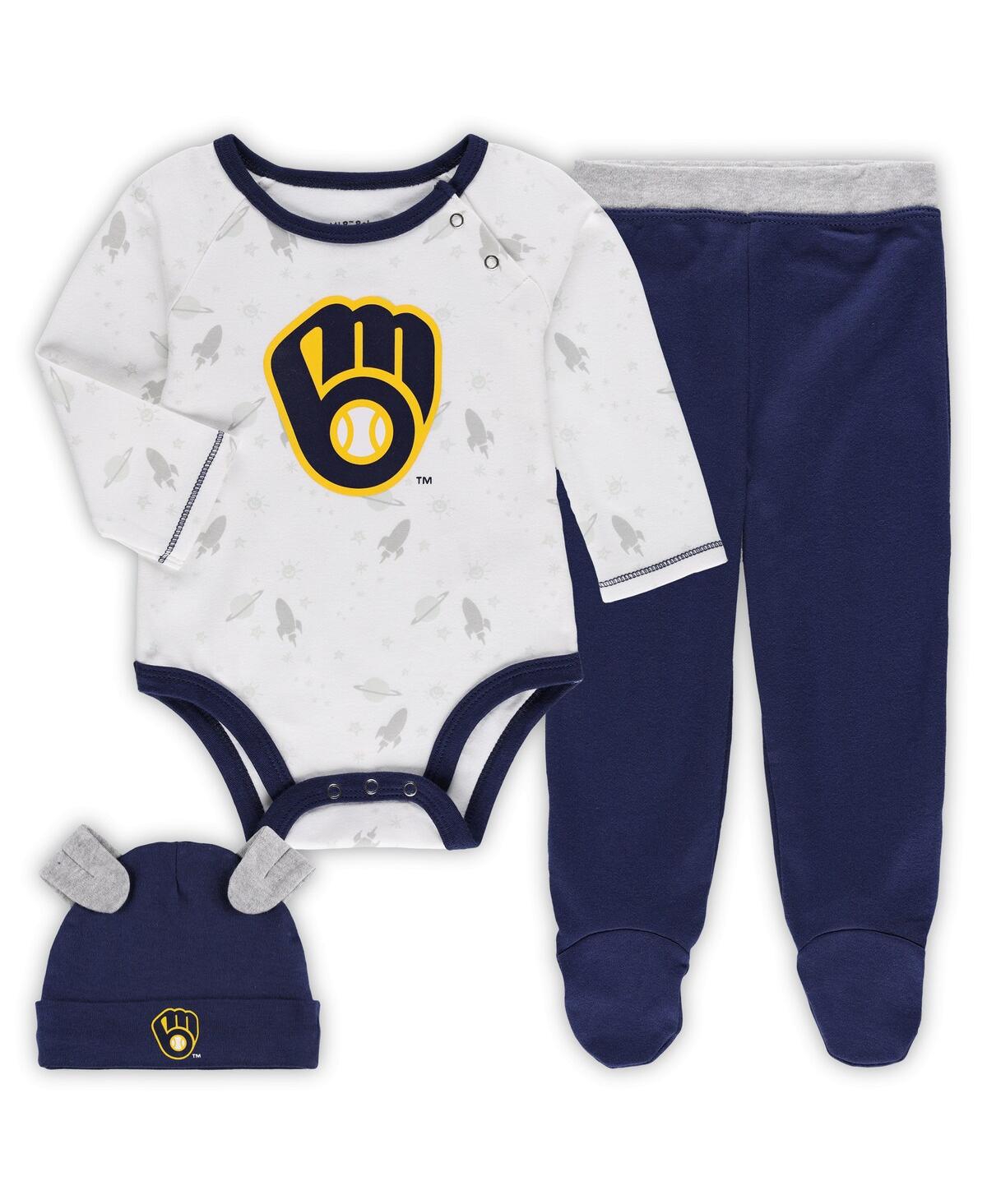 Shop Outerstuff Newborn And Infant Boys And Girls Navy, White Milwaukee Brewers Dream Team Bodysuit, Hat And Footed  In Navy,white