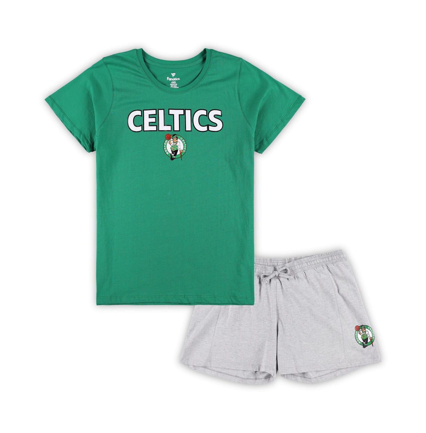 Женские комплекты Fanatics Kelly Green, Heather Gray Boston Celtics Plus Size T-shirt and Shorts Combo Set — фото 1