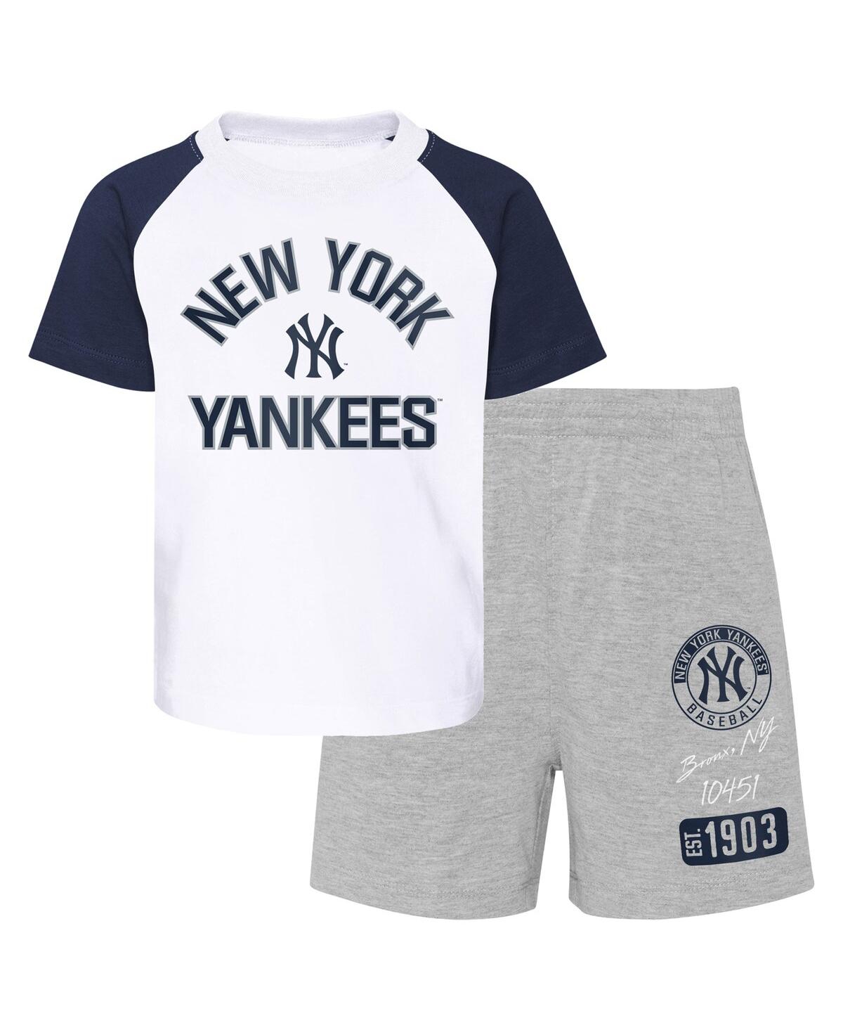 Outerstuff Babies' Little Boys And Girls New York Yankees White, Heather Gray Groundout Baller Raglan T-shirt And Short In White,heather Gray