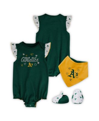 Girls Newborn and Infant Green Oakland Athletics 3-Piece Home Plate Bodysuit Bib and Booties Set