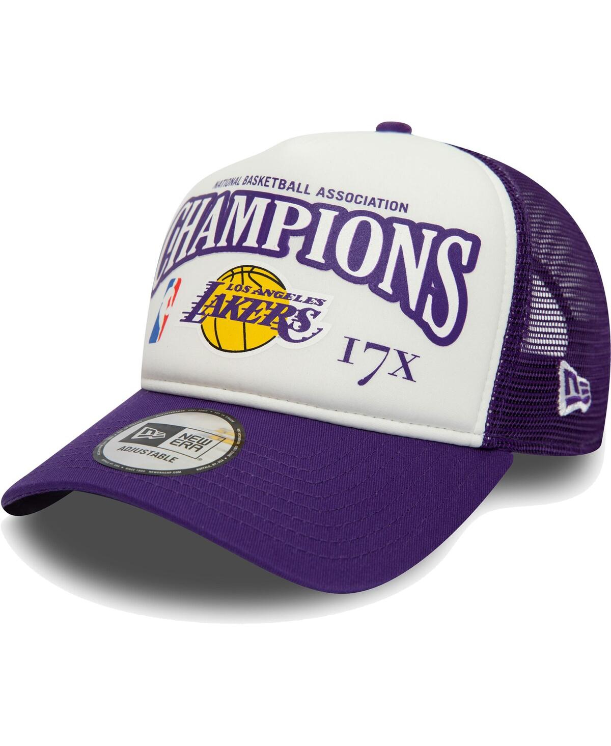 Men's New Era Purple Los Angeles Lakers 17x League Champs Commemorative 9FORTY Trucker Snapback Hat - Purple