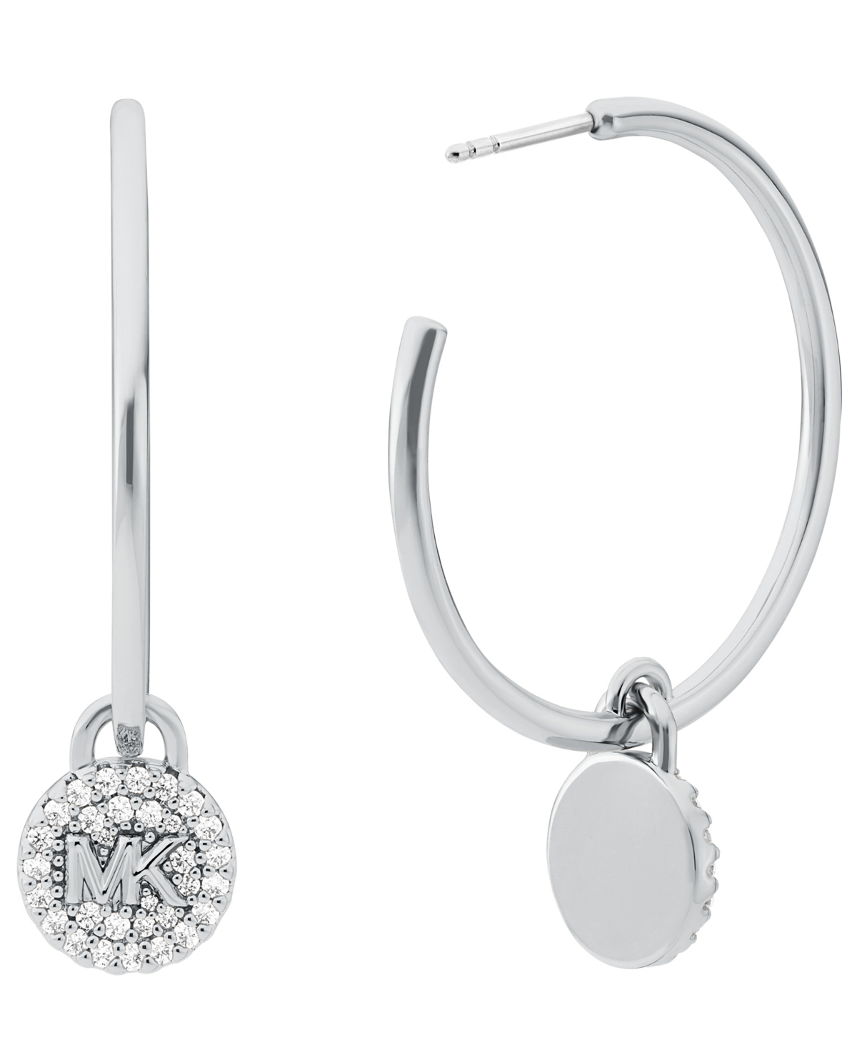 Shop Michael Kors Platinum Plated Brass Cubic Zirconia Pave Charm Hoop Earrings In Silver