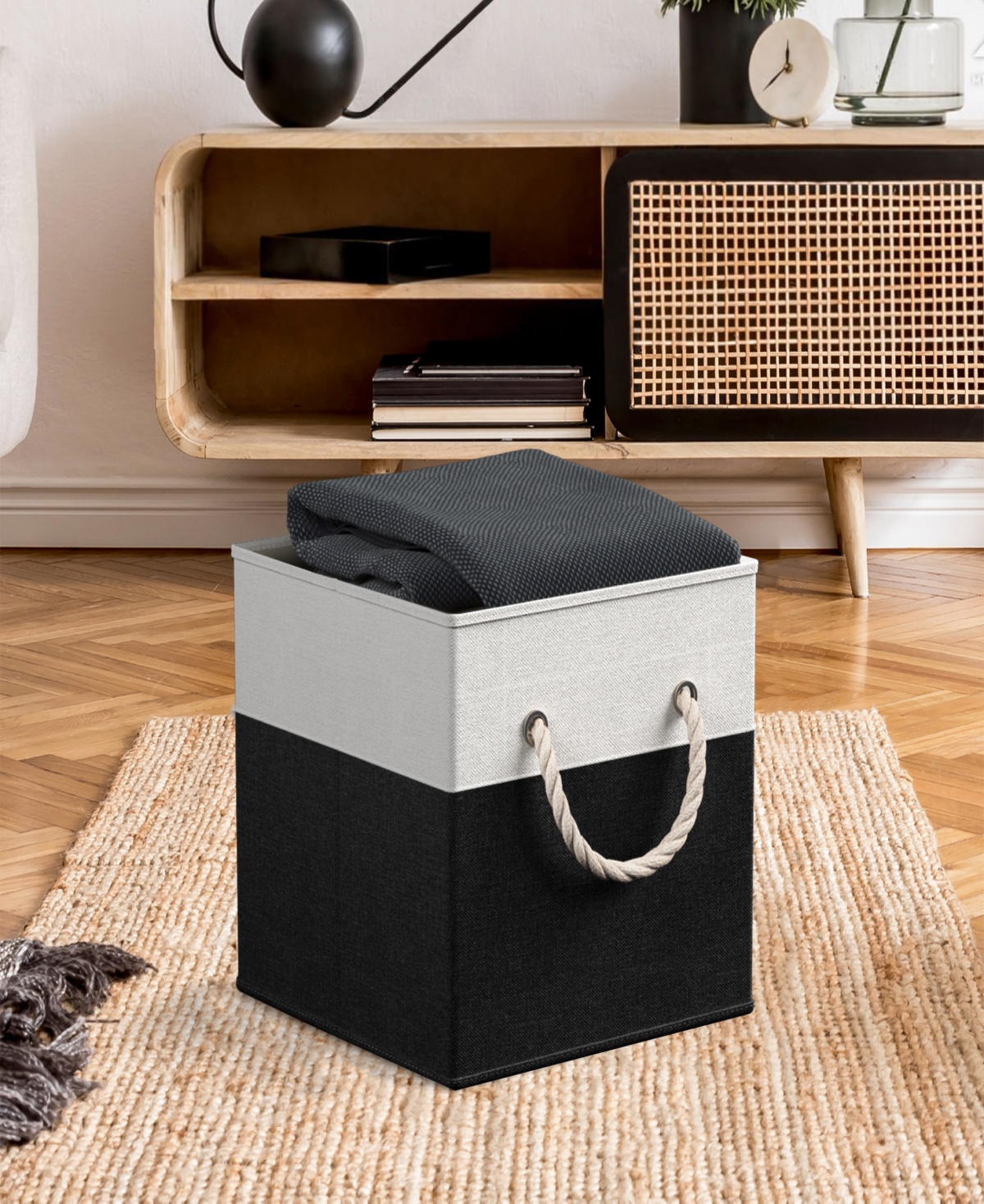 Foldable Linen Storage Cube Bin with Rope Handles - Set of 6 - Black