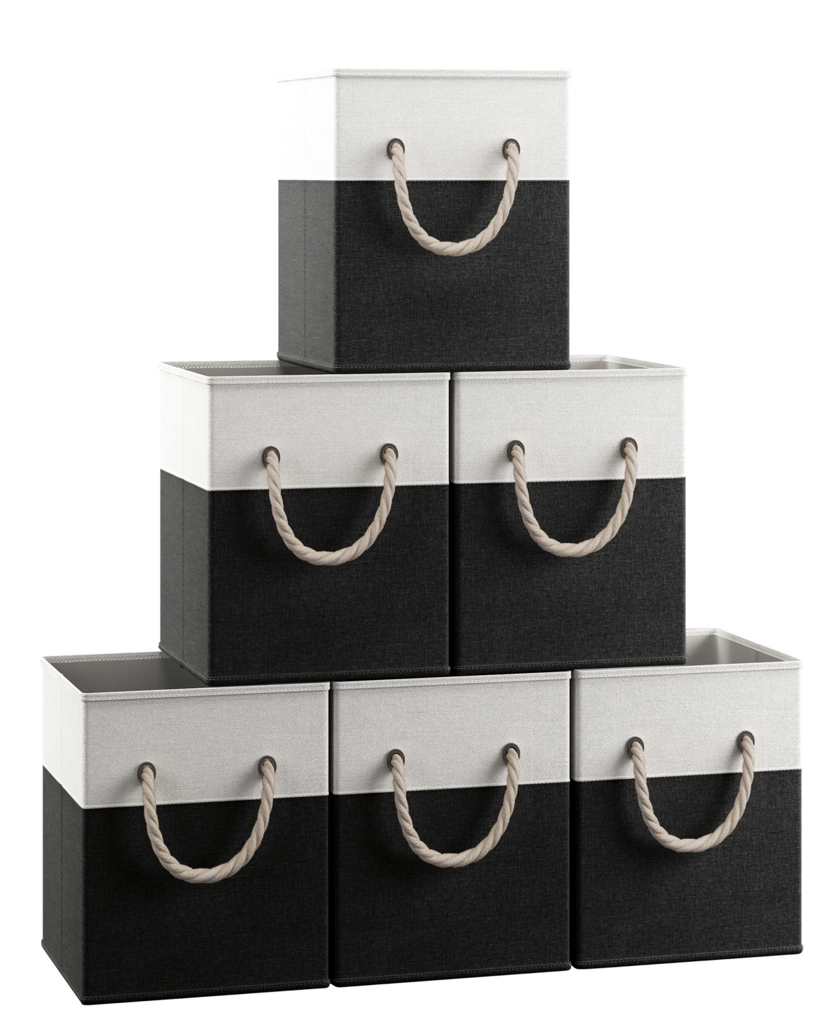 Foldable Linen Storage Cube Bin with Rope Handles - Set of 6 - Black