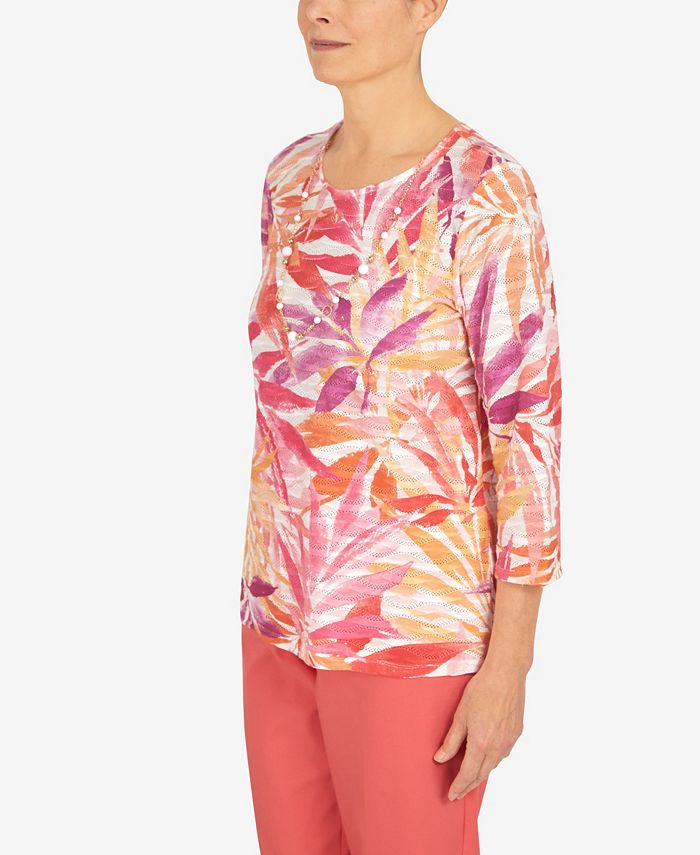 Alfred Dunner Women's Tropical Leaves Three Quarter Sleeve Top - Macy's