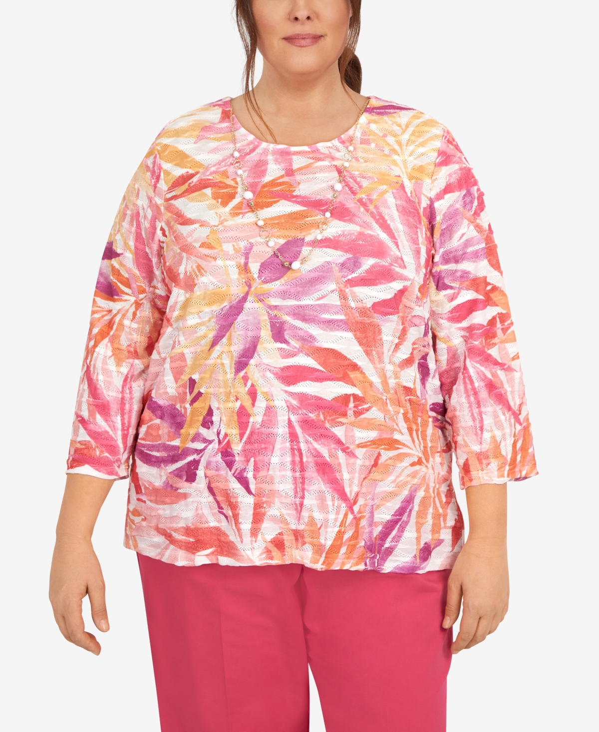 ALFRED DUNNER PLUS SIZE TROPICAL LEAVES THREE QUARTER SLEEVE TOP
