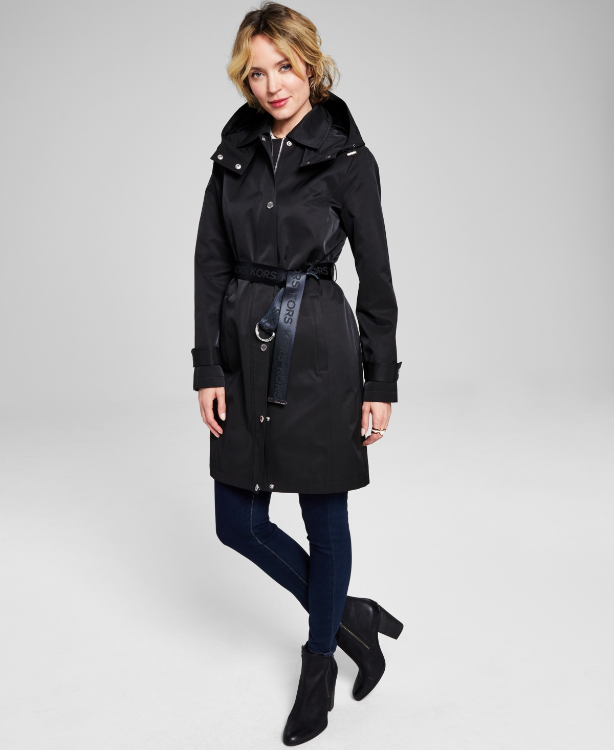 Shop Michael Kors Michael  Women's Petite Hooded Belted Trench Coat, Created For Macy's In Black