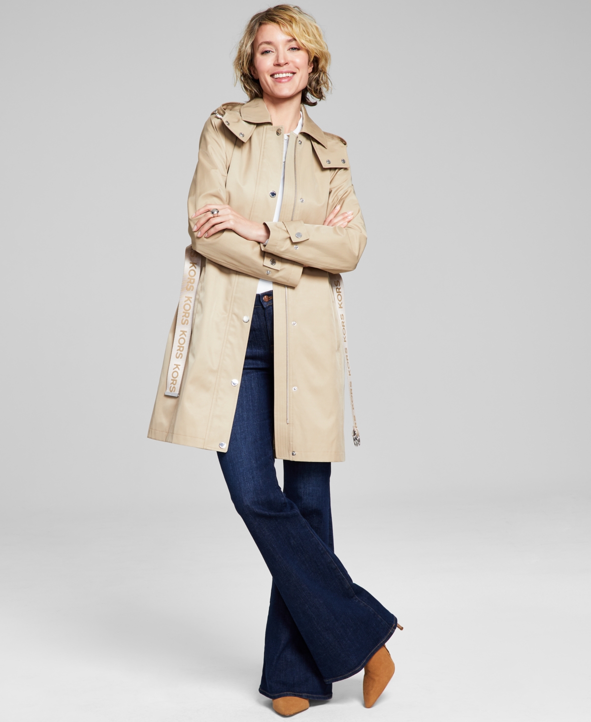 Shop Michael Kors Michael  Women's Petite Hooded Belted Trench Coat, Created For Macy's In Khaki