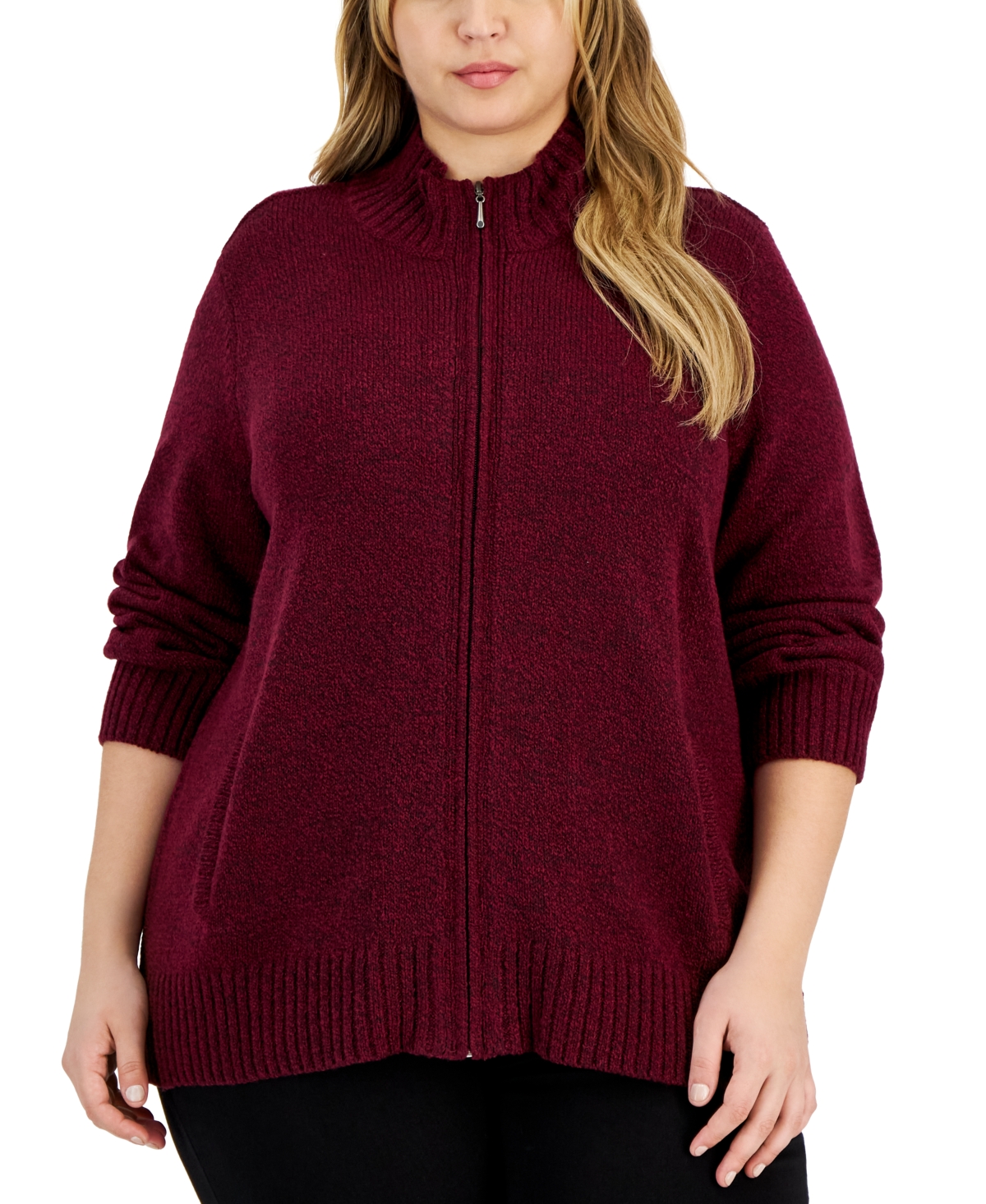 Karen Scott Plus Size Zip-front Sweater, Created For Macy's In Malbec Marl