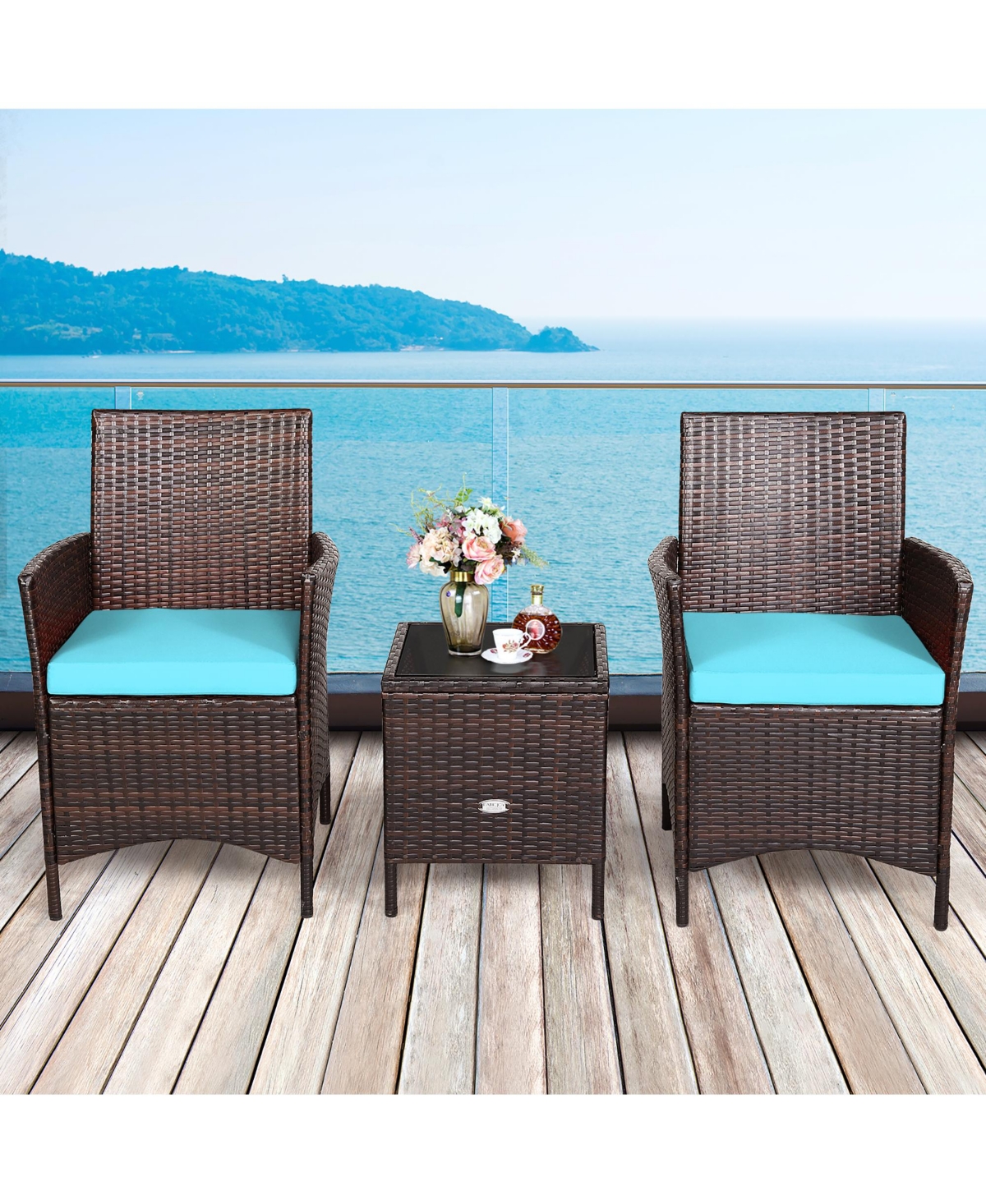 3PCS Patio Rattan Furniture Set Cushioned Sofa Glass Tabletop Deck