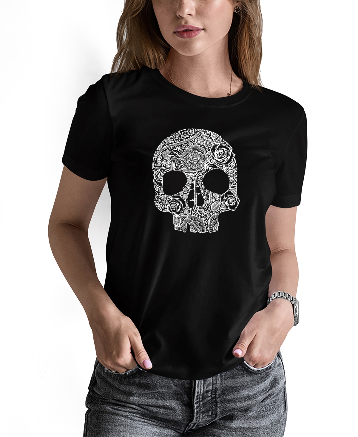 La Pop Art Women's Word Art Flower Skull Short Sleeve T-shirt In Black