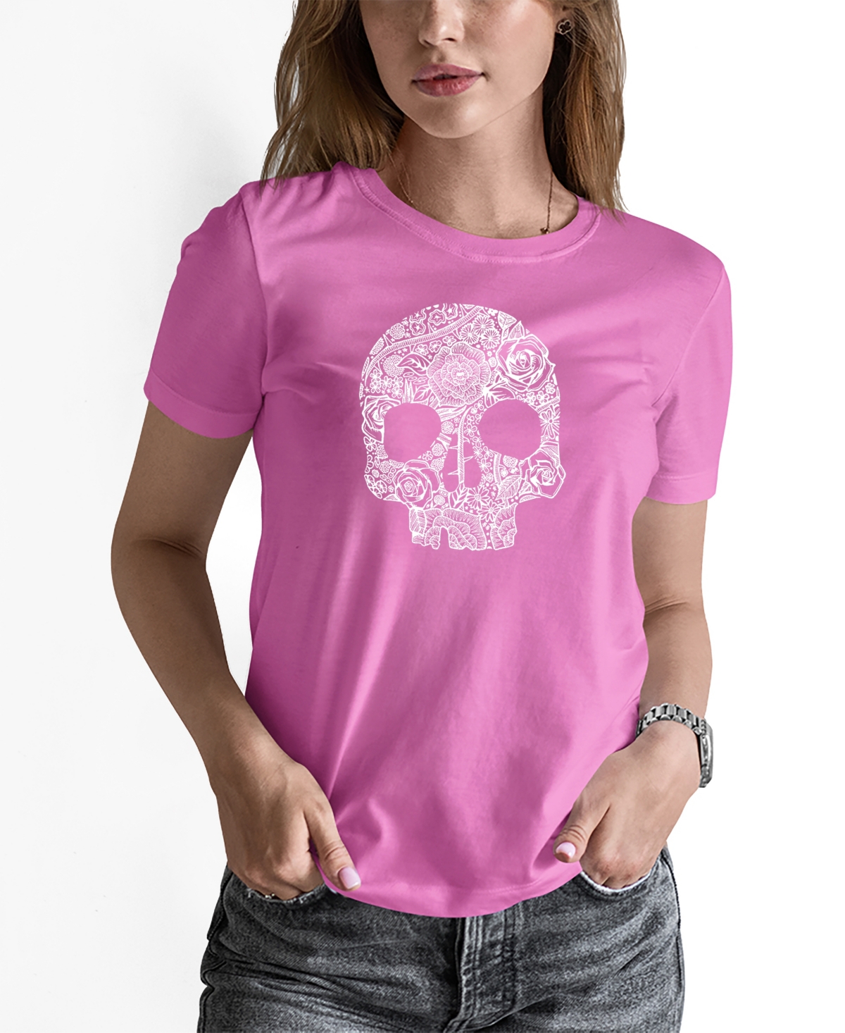 La Pop Art Women's Word Art Flower Skull Short Sleeve T-shirt In Pink