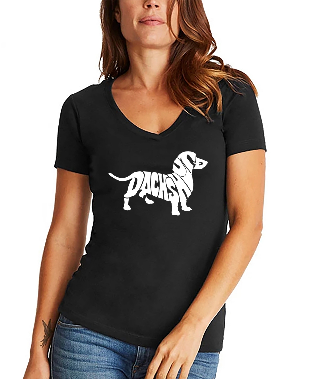 La Pop Art Women's Dachshund Word Art V-neck T-shirt In Black