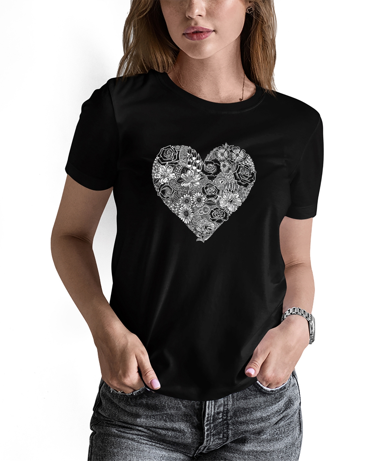 La Pop Art Women's Word Art Heart Flowers Short Sleeve T-shirt In Black