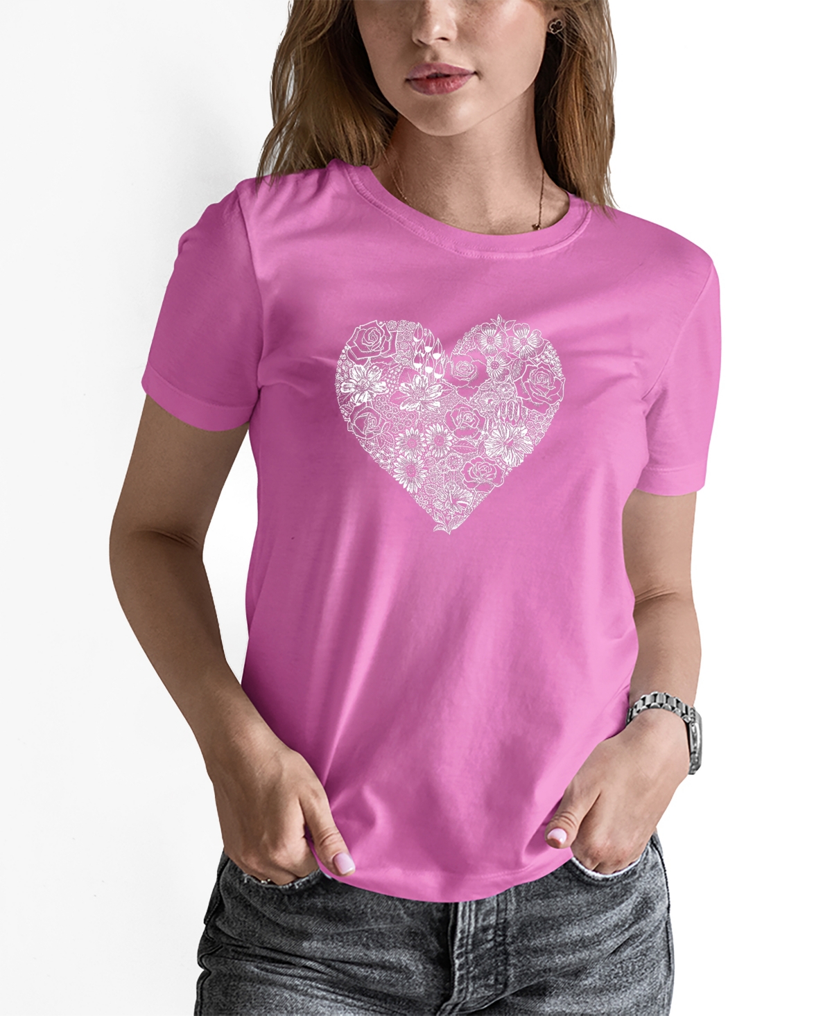 Shop La Pop Art Women's Word Art Heart Flowers Short Sleeve T-shirt In Pink
