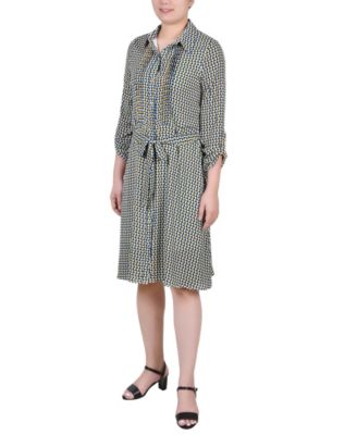 Petite Geometric Printed Roll Tab Sleeve Dobby Shirt Dress