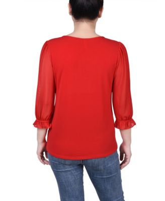 Petite 3/4 Sleeve Ringed Mesh Top