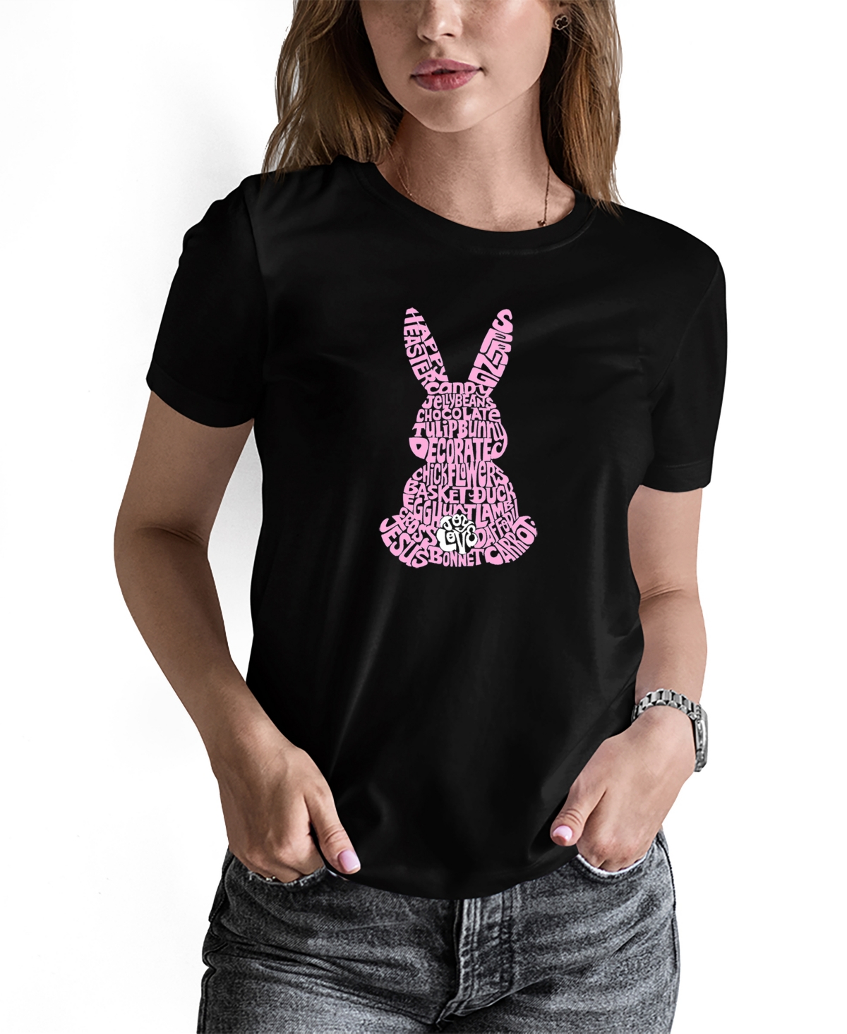 La Pop Art Women's Word Art Easter Bunny Short Sleeve T-shirt In Black