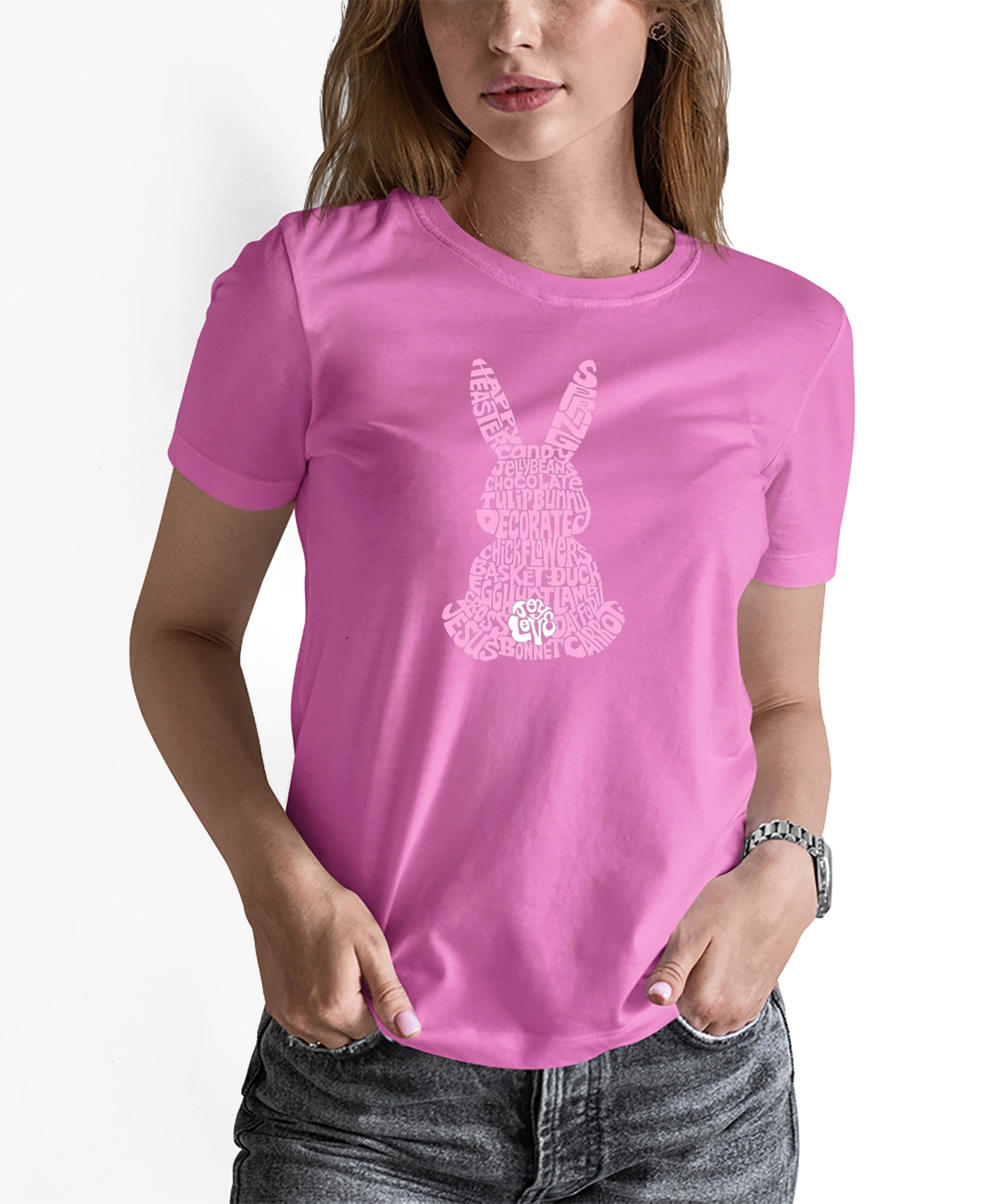 La Pop Art Women's Word Art Easter Bunny Short Sleeve T-shirt In Pink