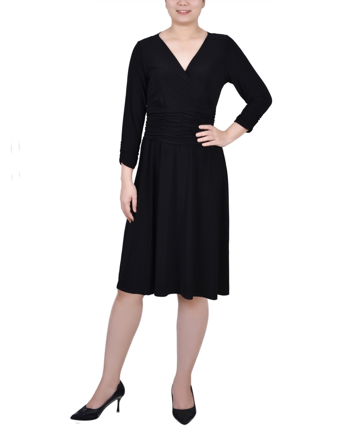 Ny Collection Petite Ruched A-line Dress In Black