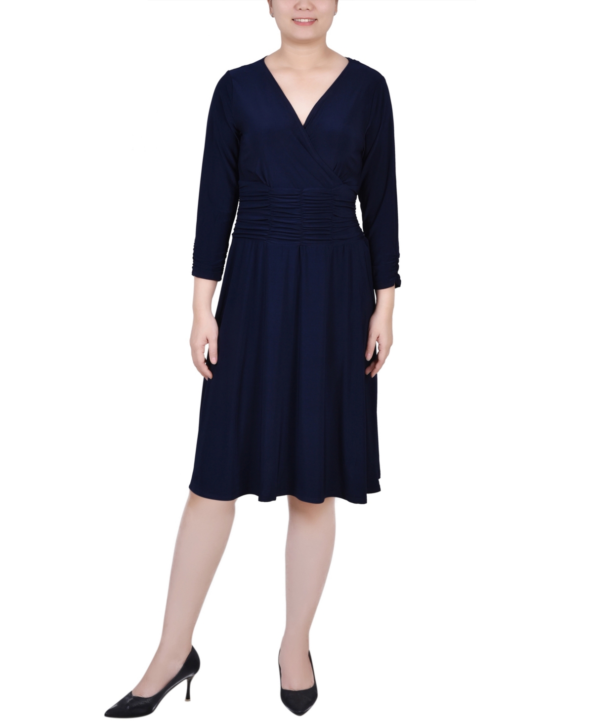 Ny Collection Petite Ruched A-line Dress In Navy