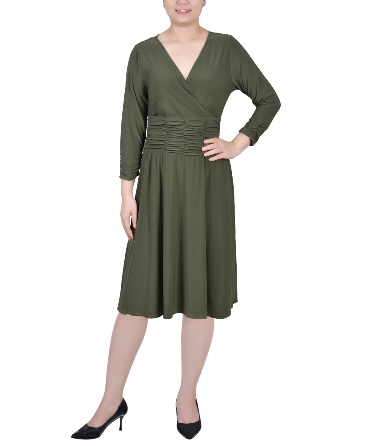 Ny Collection Petite Ruched A-line Dress In Oil Green