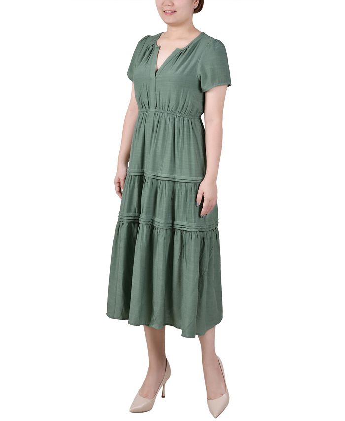 Ny Collection Women's Petite Crochet-Trimmed Bell-Sleeve Dress Blue Size Petite M