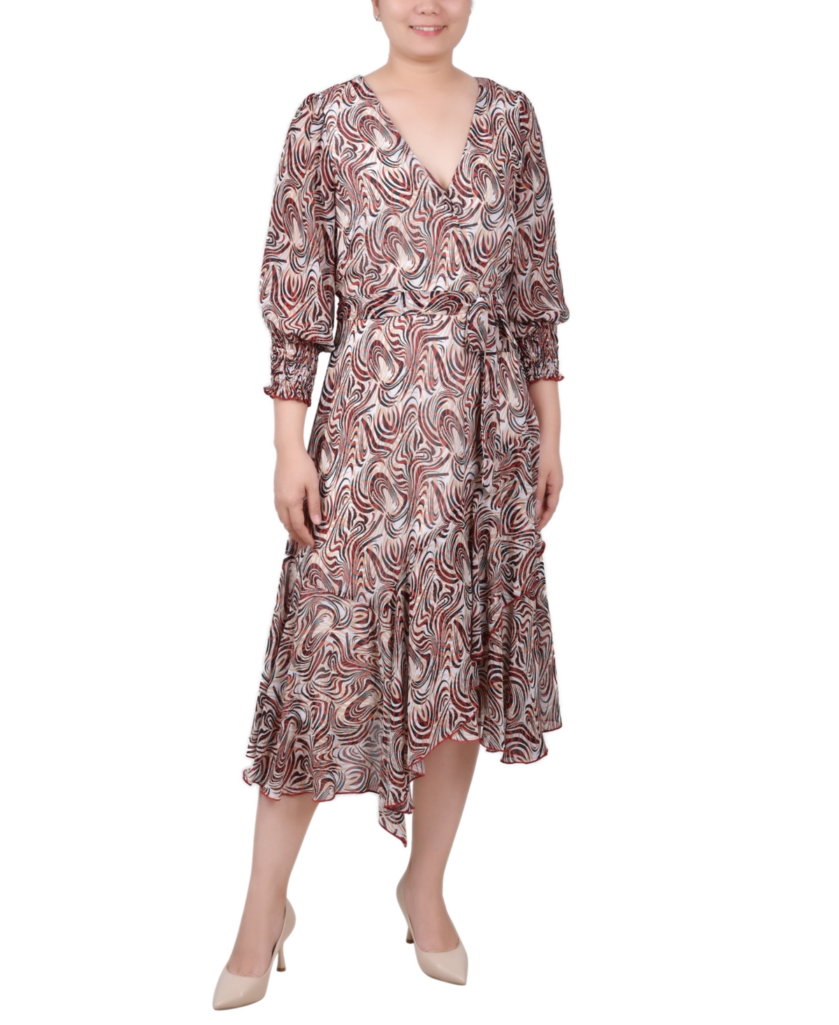 Ny Collection Plus Size 3/4 Sleeve Belted Chiffon Handkerchief Hem Dress In Rust Groovy Waves