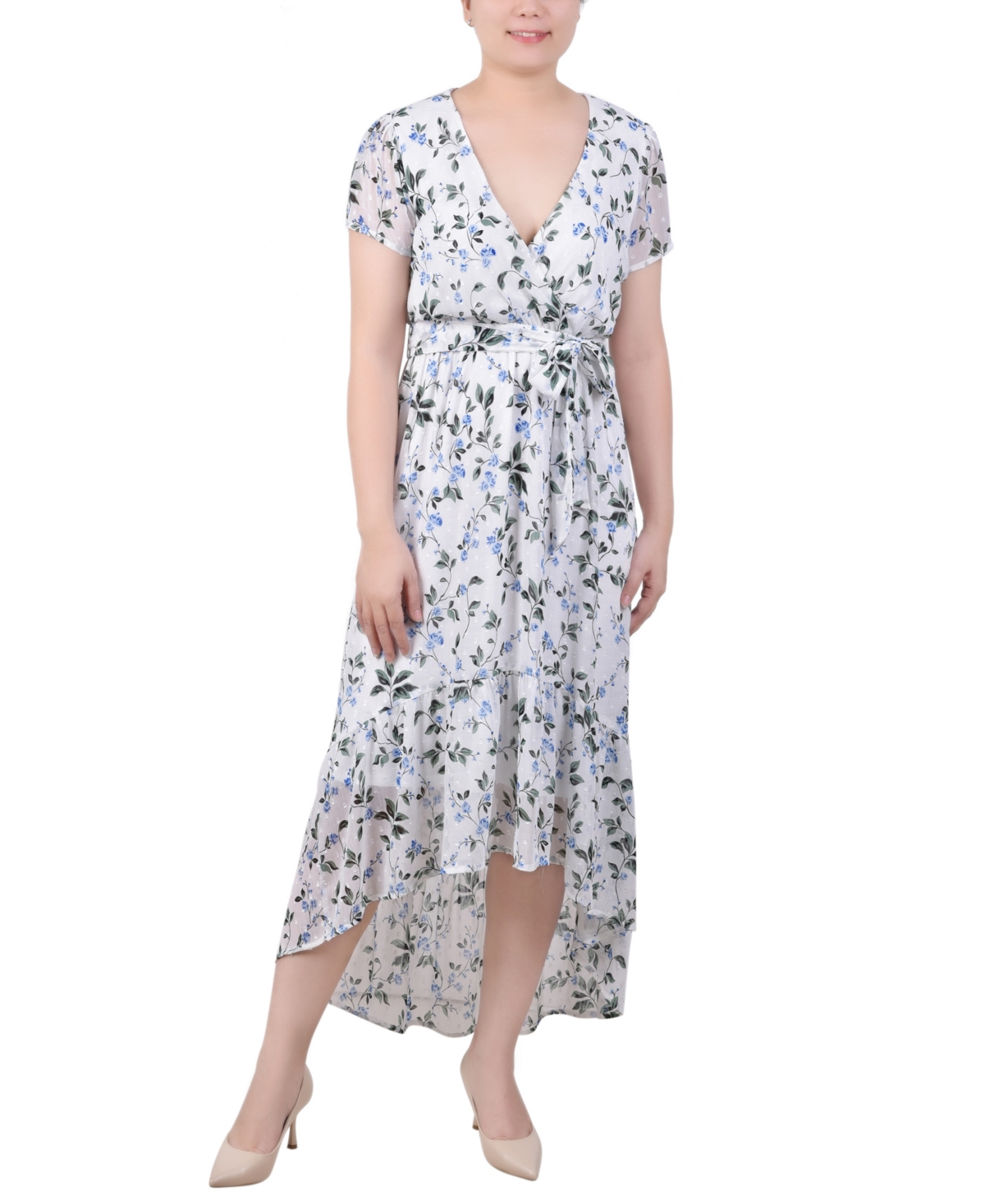 Ny Collection Petite Short Sleeve Handkerchief Hem Chiffon Dress In Ivory Blue Floral