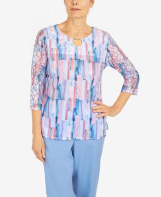 Alfred Dunner Petite Burnout Striped Lace Top main image 1