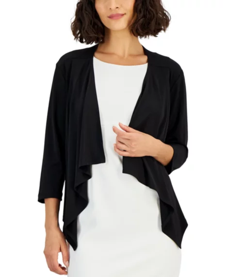 Petite Open-Front 3/4-Sleeve Waterfall Shrug - Black