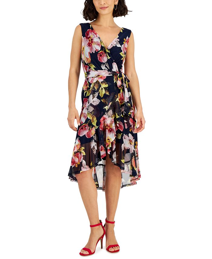 Connected Petite Floral-Print Surplice-Neck High-Low Dress - Macy's