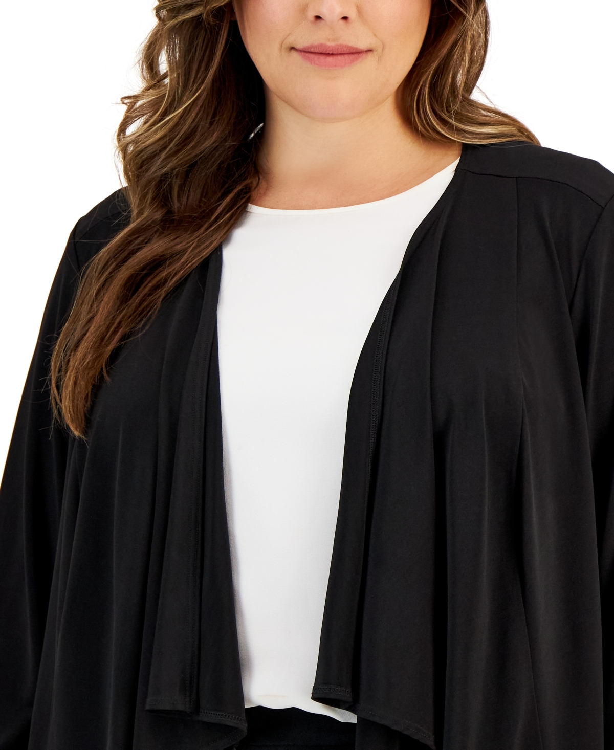 Connected Plus Size Open-Front 3/4-Sleeve Waterfall Shrug