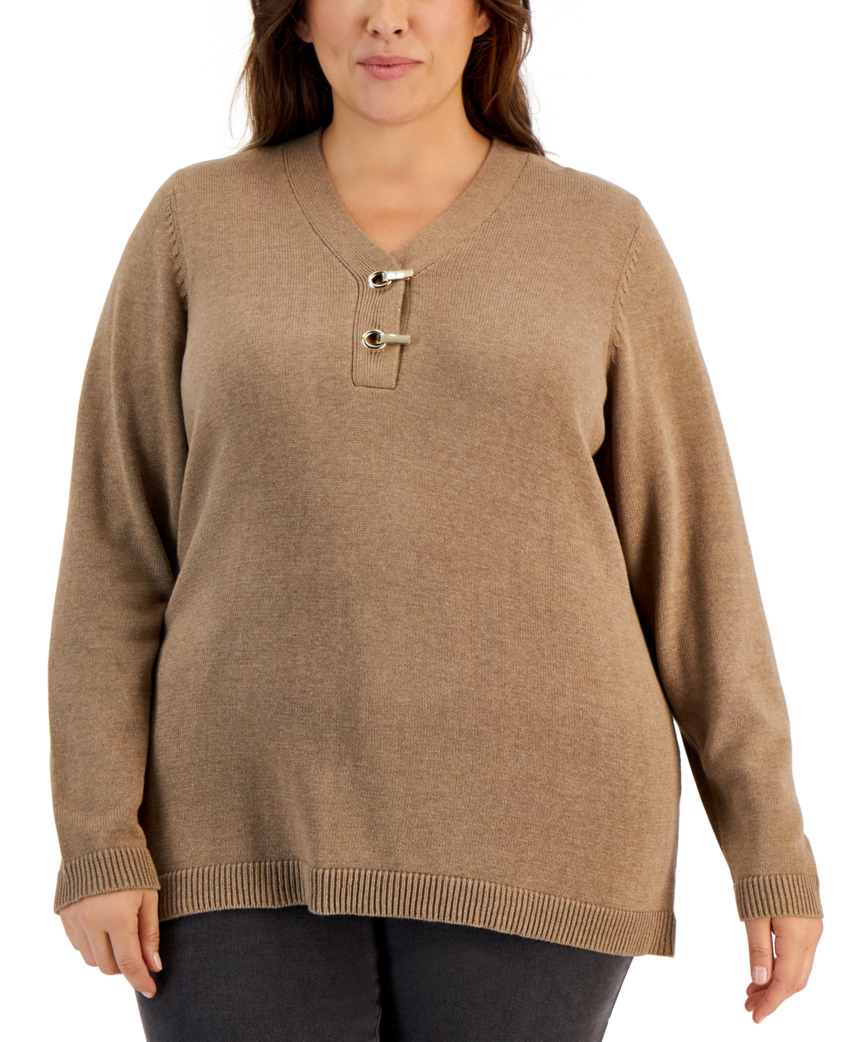 Karen Scott Plus Size Cotton Henley Sweater Created For Macy s In Chestnut Heather ModeSens