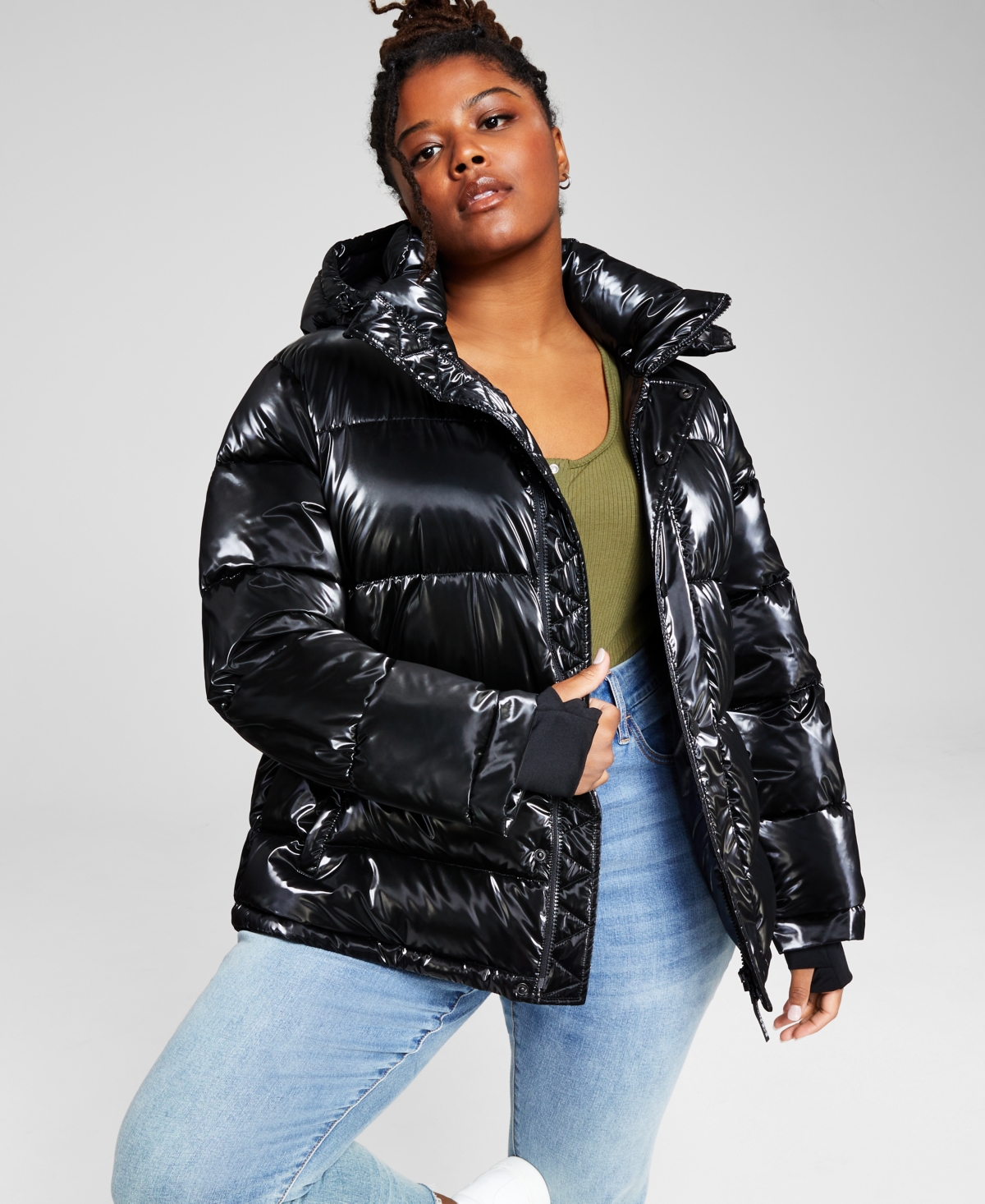 Bcbgeneration Women's Plus Size High-low Hooded Puffer Coat In Liquid Black