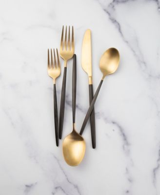 Gaze Two Tone Black-Gold Satin 20 Piece Flatware Set, Service For 4