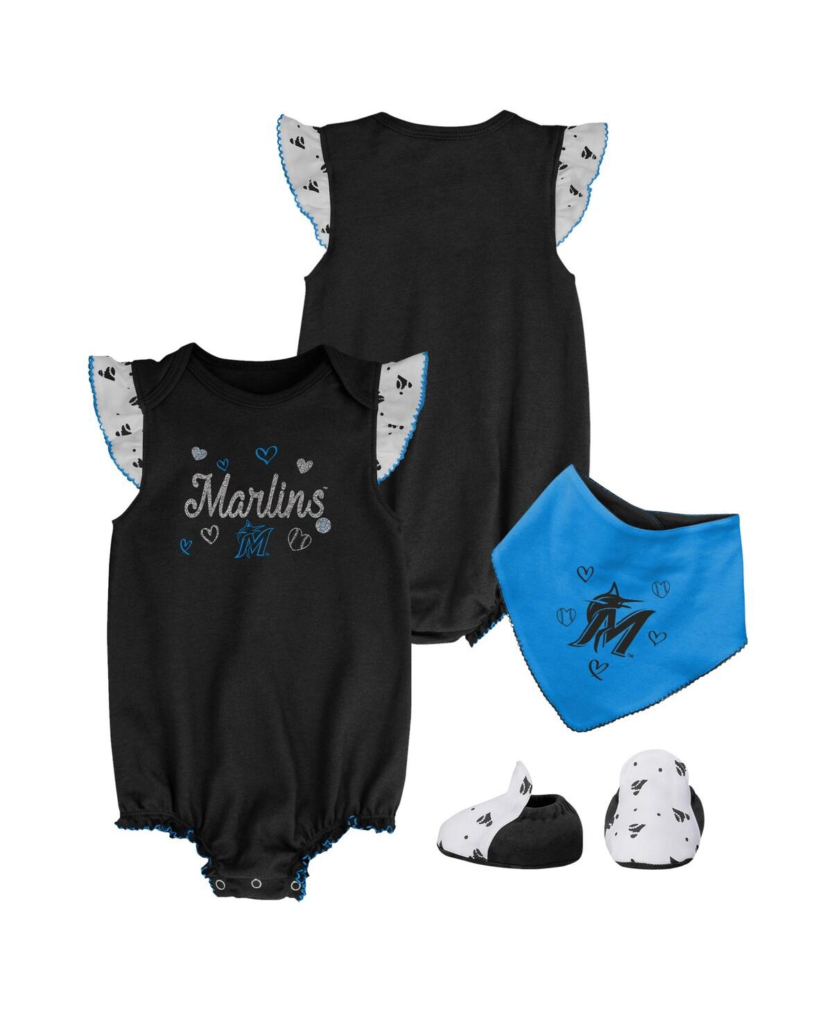 Shop Outerstuff Girls Newborn And Infant Black Miami Marlins 3-piece Home Plate Bodysuit Bib And Booties Set