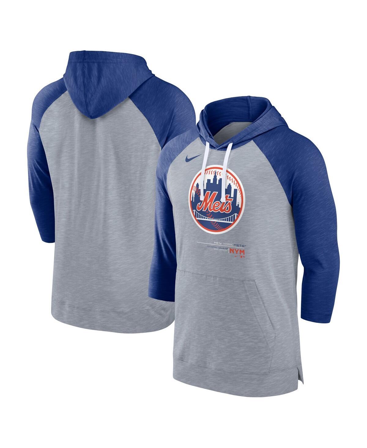 Shop Nike Men's  Heather Gray, Heather Royal New York Mets Baseball Raglan 3/4 Sleeve Pullover Hoodie In Heather Gray,heather Royal