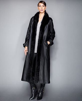The Fur Vault Fox-Trim & Rabbit-Fur-Lined Leather Maxi Coat - The Fur ...