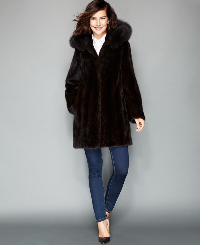 The Fur Vault Fox-Trimmed Hooded Mink Coat - Macy's