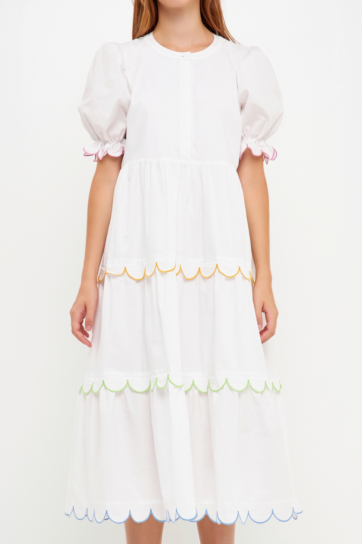 English Factory Contrast Scalloped Trim Cotton Midi Dress In White Multi