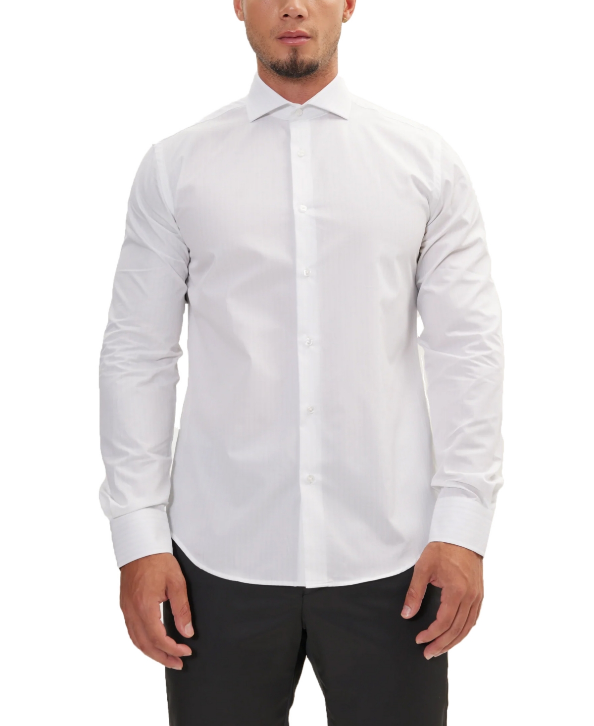 Shop Ron Tomson Men's Modern Spread Collar Textured Fitted Shirt In White Light Stripes