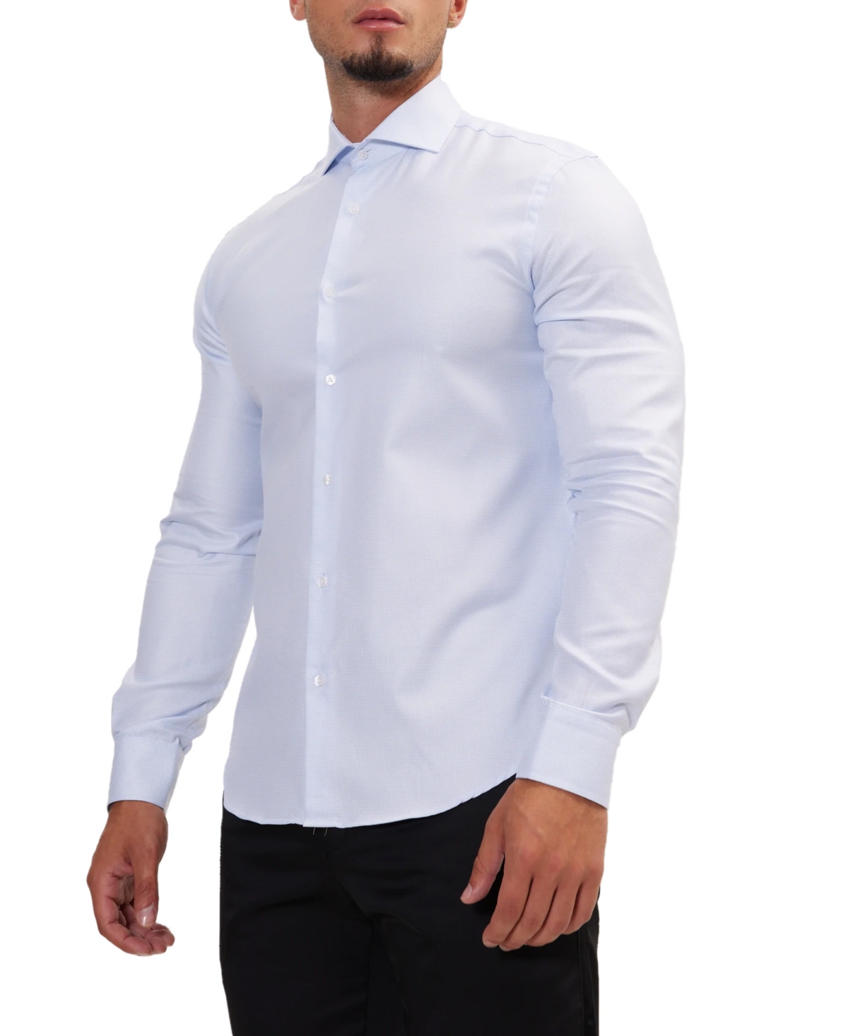 Shop Ron Tomson Men's Modern Spread Collar Textured Fitted Shirt In White Light Blue