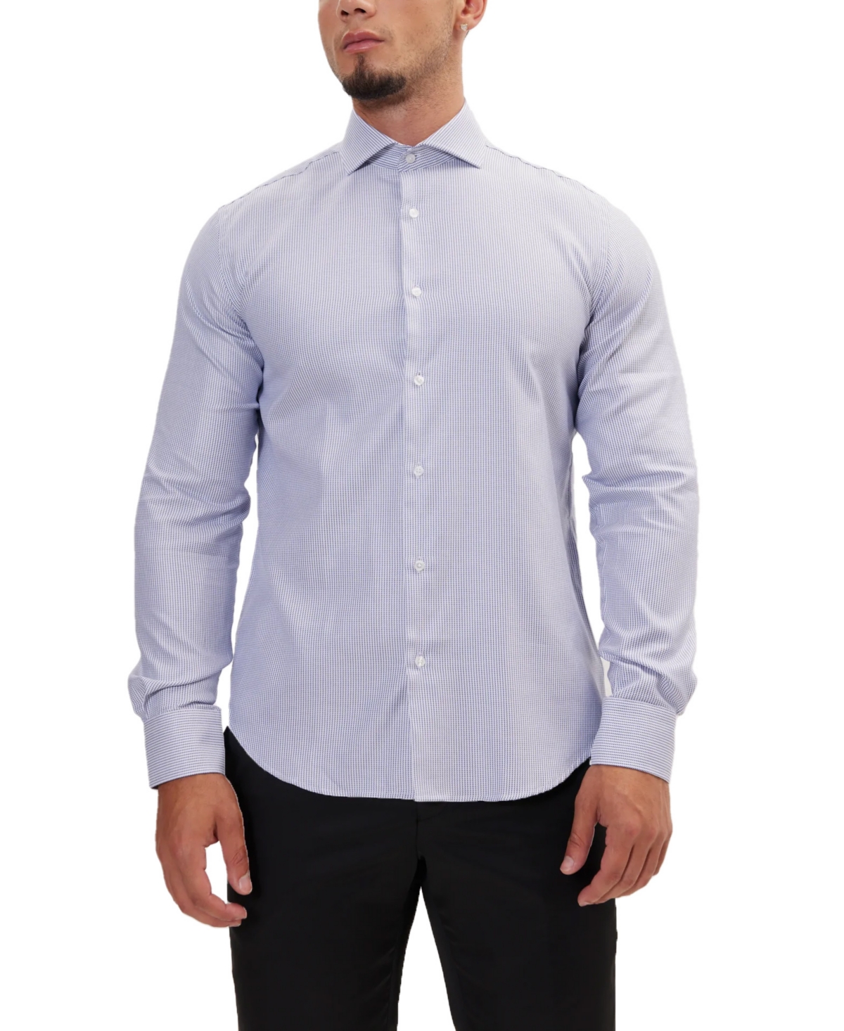Men's Modern Spread Collar Textured Fitted Shirt - Navy White-