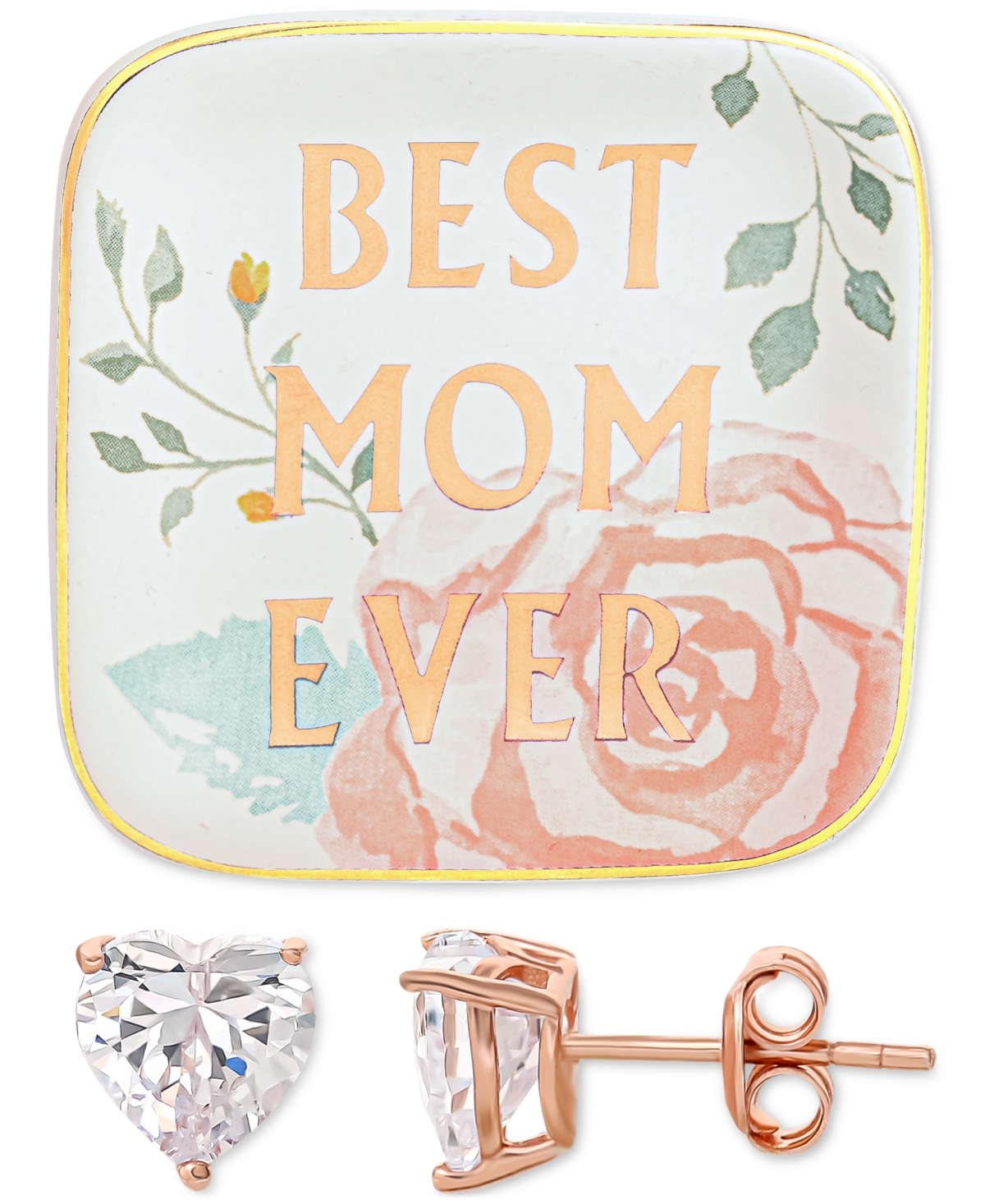 Giani Bernini 2-pc. Set Cubic Zirconia Heart Stud Earrings & Best Mom Ever Trinket Dish, Created For Macy's In Rose Gold