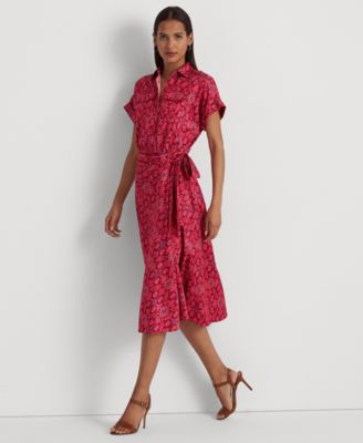 Lauren Ralph Lauren Petite Women's Geo-Print Shantung Tie-Waist Dress -  Macy's