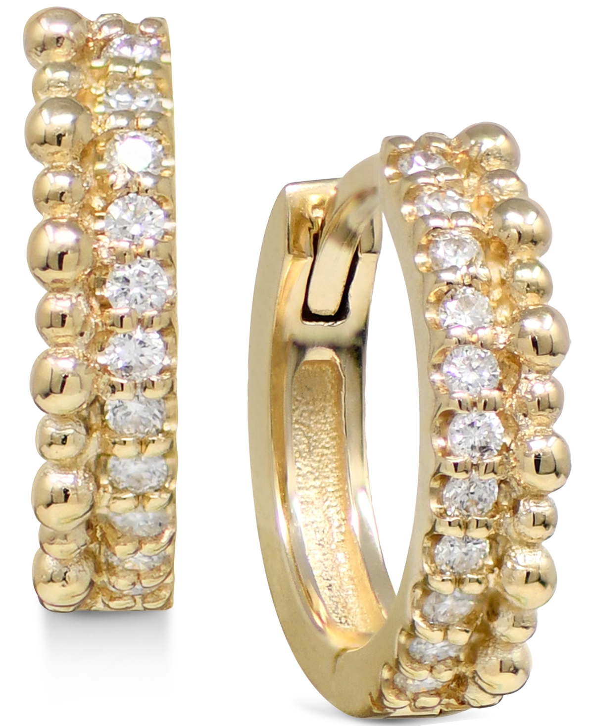 Diamond Pave & Bead Extra Small Hoop Earrings (1/6 ct. t.w.) in 14k Gold, 0.47" - Gold