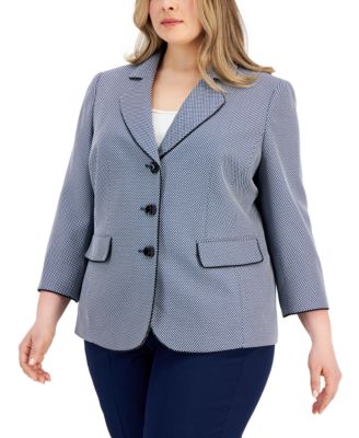 Kasper - Plus Size Jacquard Button-Front Piped-Trim Jacket