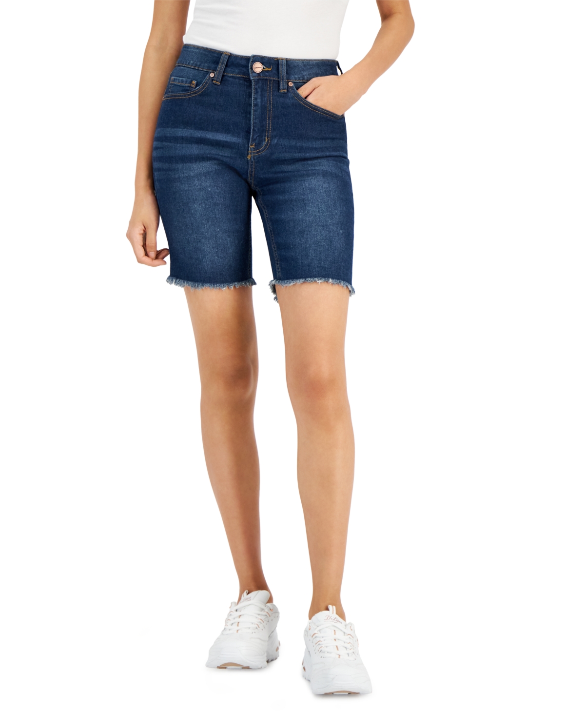 Dollhouse Juniors' Frayed High Rise Denim Bermuda Shorts